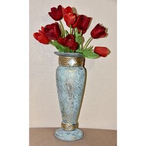 Jaru Art Deco Green and Gold Cast Stone Ceramic Pedestal Vase